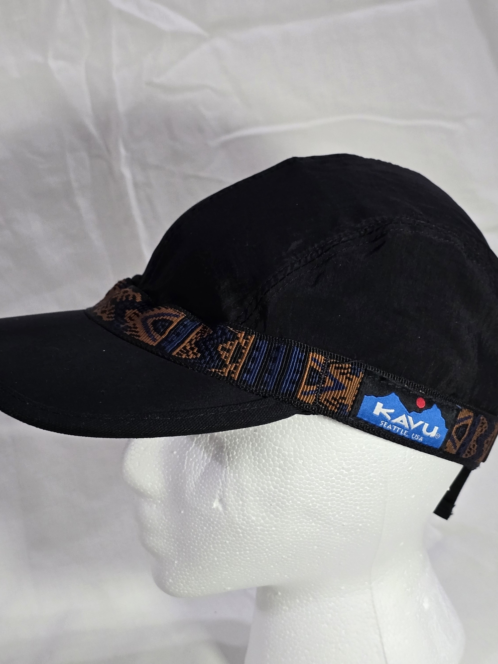 KAVU Black Strapcap Hat with Brown Patterned Trim Medium